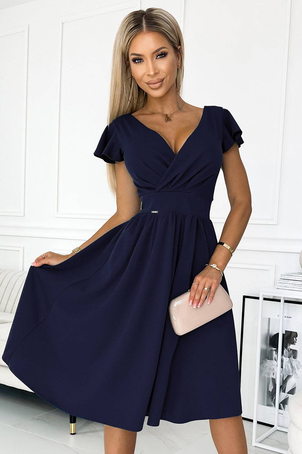 Numoco 425-3 MATILDE Dress with a neckline and short sleeves - dark blue-Shangri-La Fashion