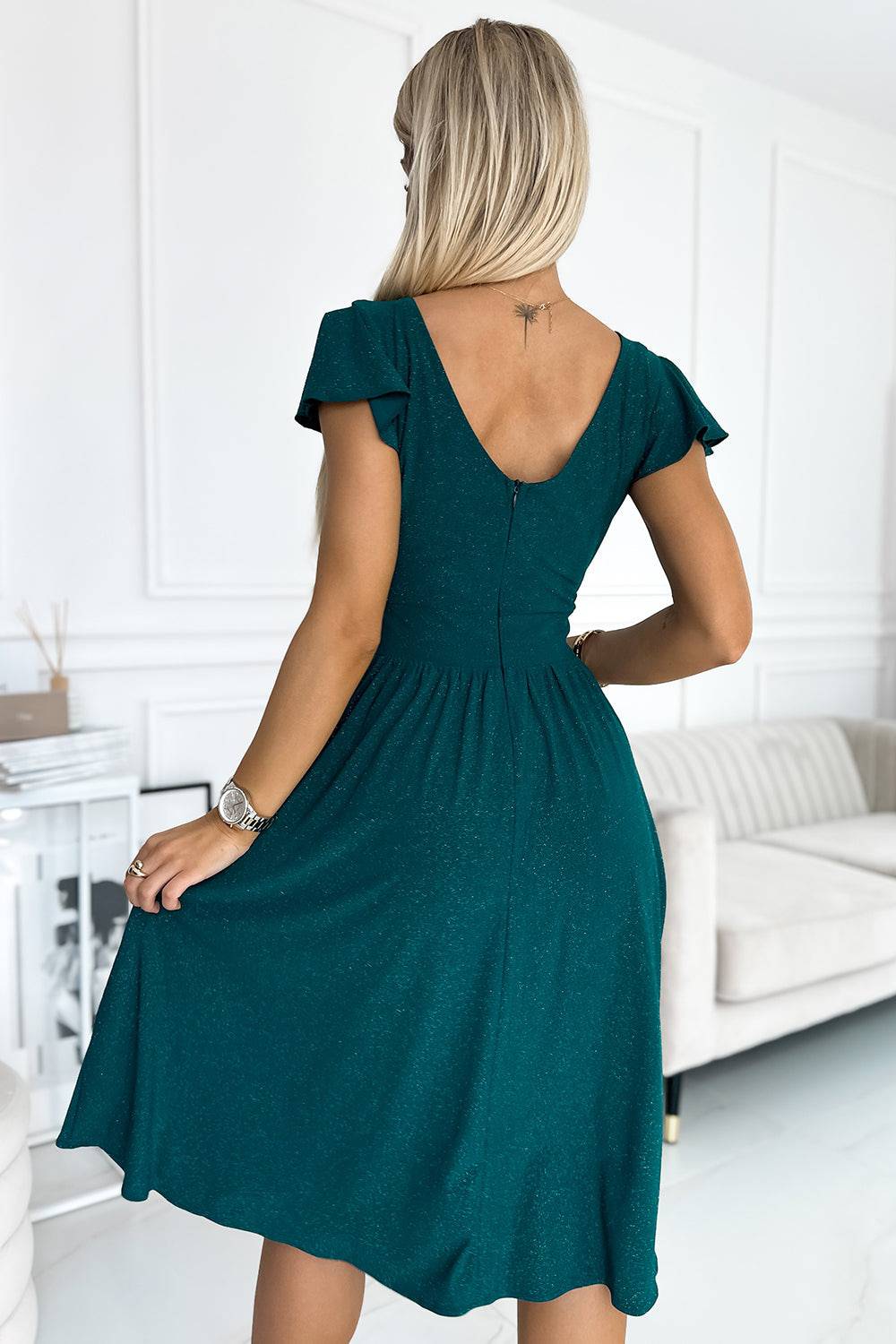 Numoco 425-6 MATILDE Dress with a neckline and short sleeves - green with glitter-Shangri-La Fashion