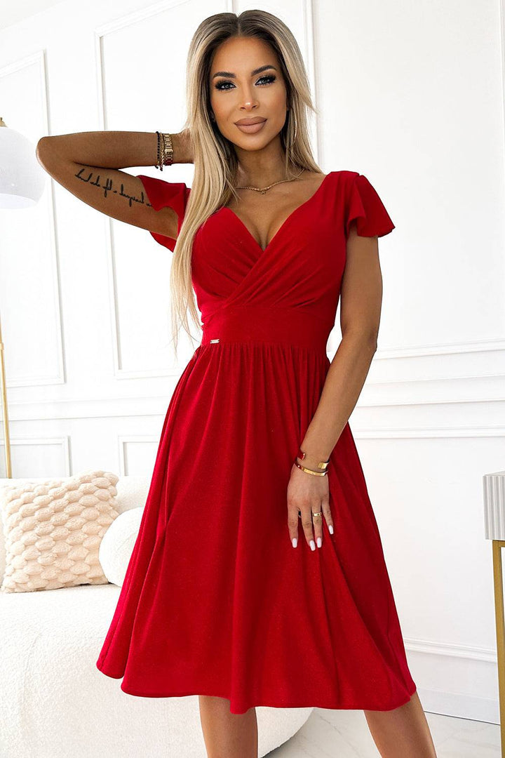 Numoco 425-9 MATILDE Dress with a neckline and short sleeves - red with glitter-Shangri-La Fashion