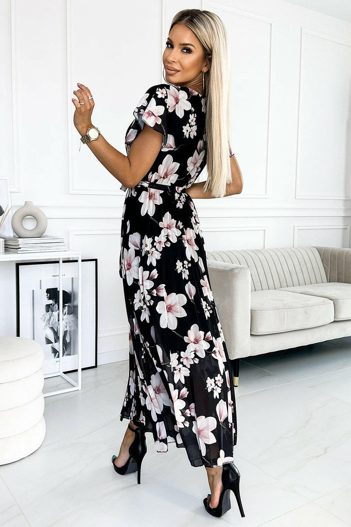 Numoco Basic 434-1 LISA Pleated midi dress with a neckline and frills - peach blossom on a black background-2