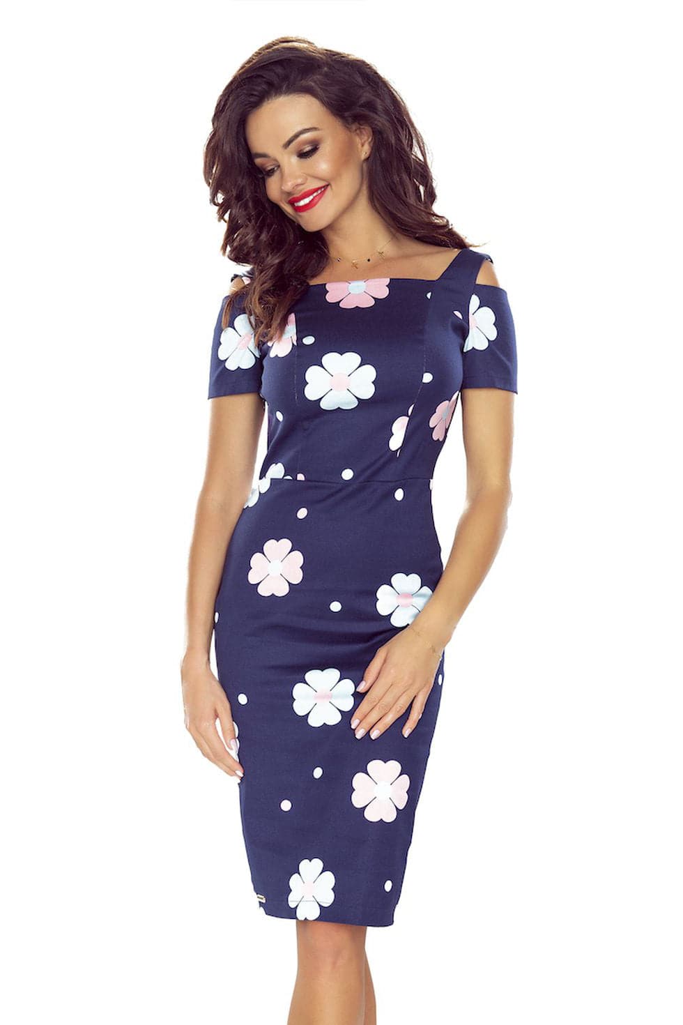 Bergamo 440-3 Elegant dress with short sleeves - dark blue with flowers-Shangri-La Fashion