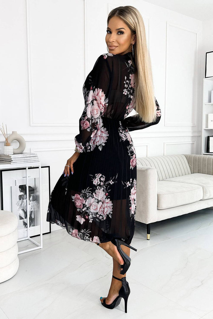 Numoco Basic 449-3 CARLA Pleated midi dress with buttons and long sleeves - roses on a black background