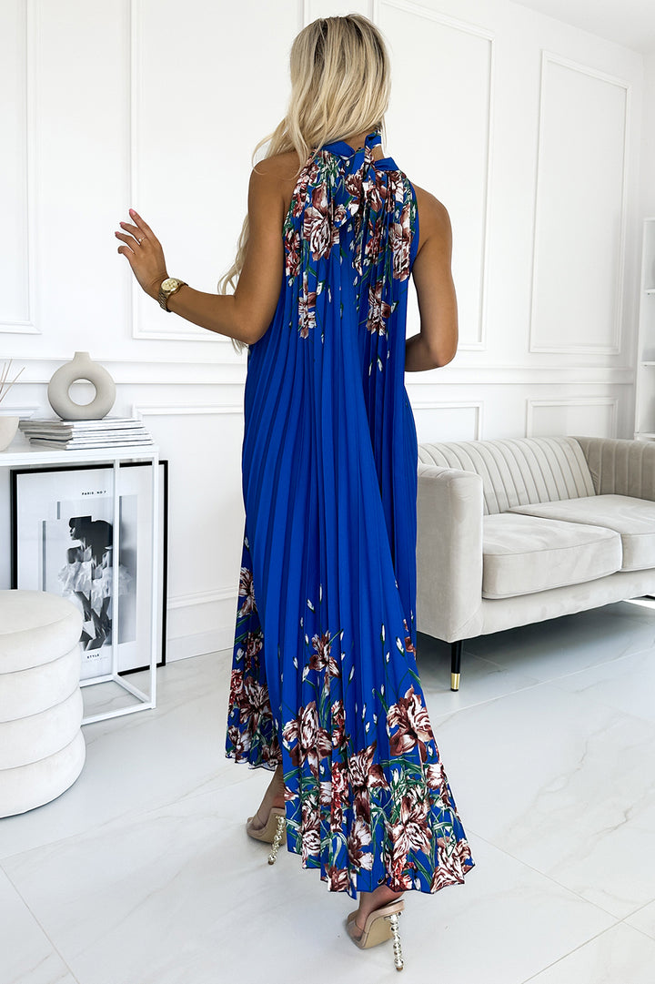 Numoco Basic 456-1 ESTER Pleated satin maxi dress - blue with flowers-2