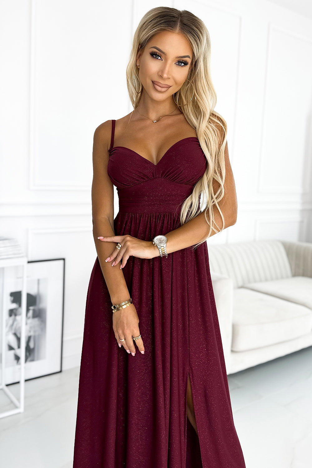 Numoco 460-2 JOVITE brocade long dress on straps with a slit to the leg - Burgundy color-1