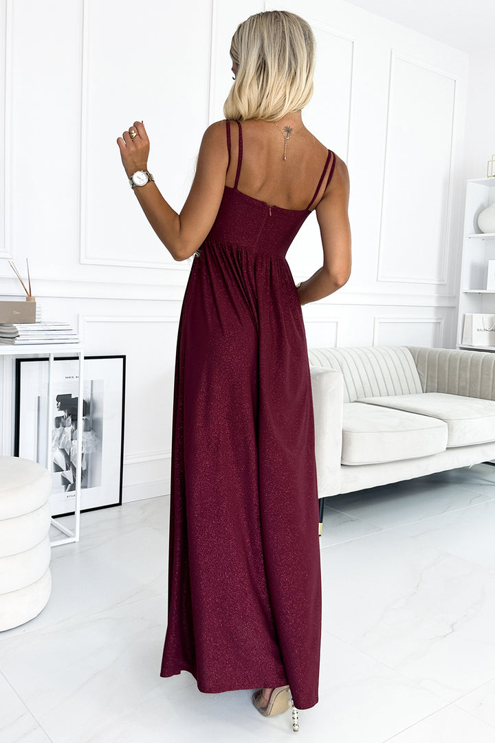 Numoco 460-2 JOVITE brocade long dress on straps with a slit to the leg - Burgundy color-2