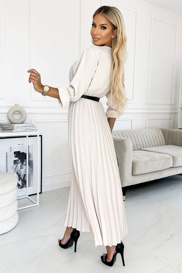 Numoco Basic 462-1 SERENA Pleated maxi dress with a neckline, belt and 3/4 sleeves - beige-Shangri-La Fashion