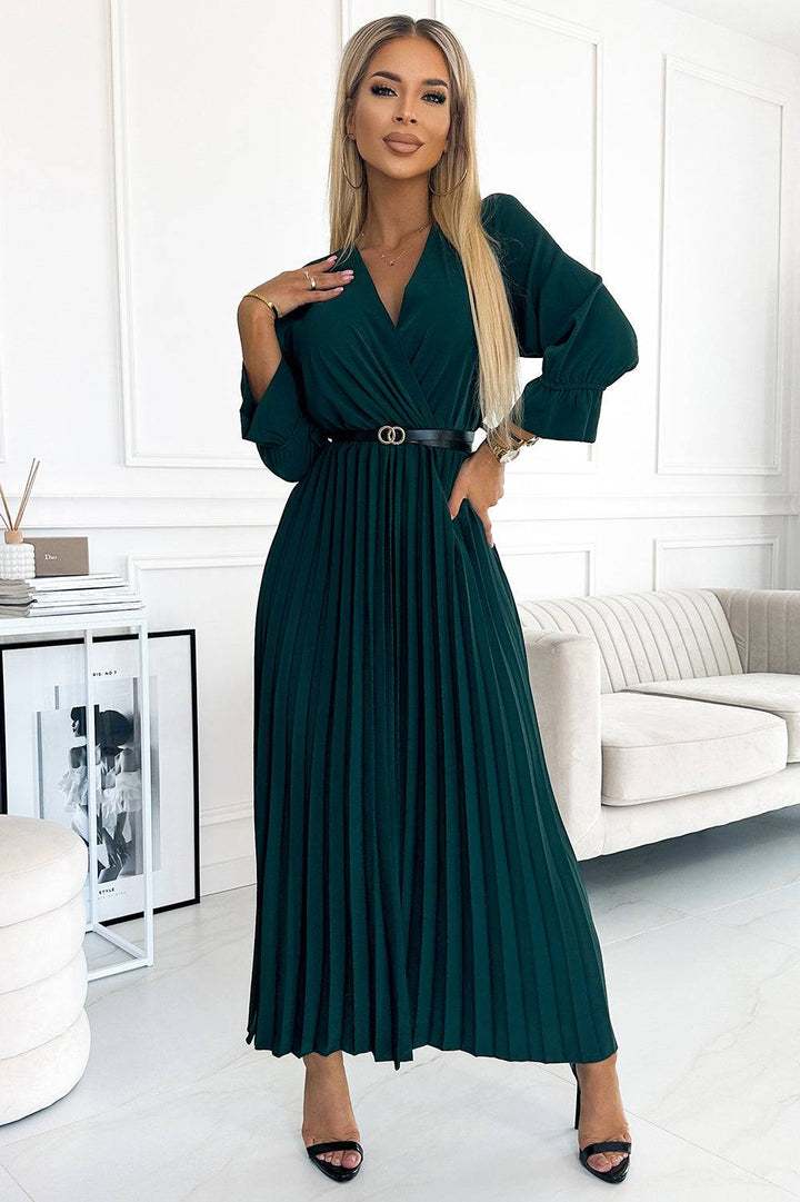 Numoco Basic 462-2 SERENA Pleated maxi dress with a neckline, belt and 3/4 sleeves - green-Shangri-La Fashion