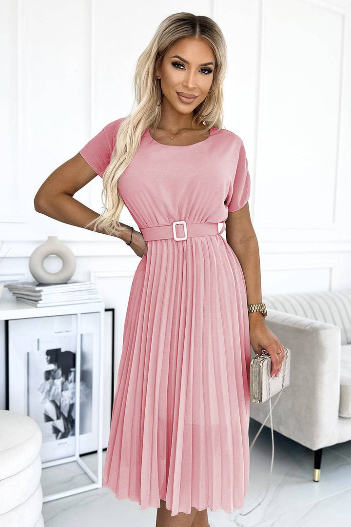 Numoco Basic 465-3 MIA Pleated midi dress with a wide belt - dirty pink