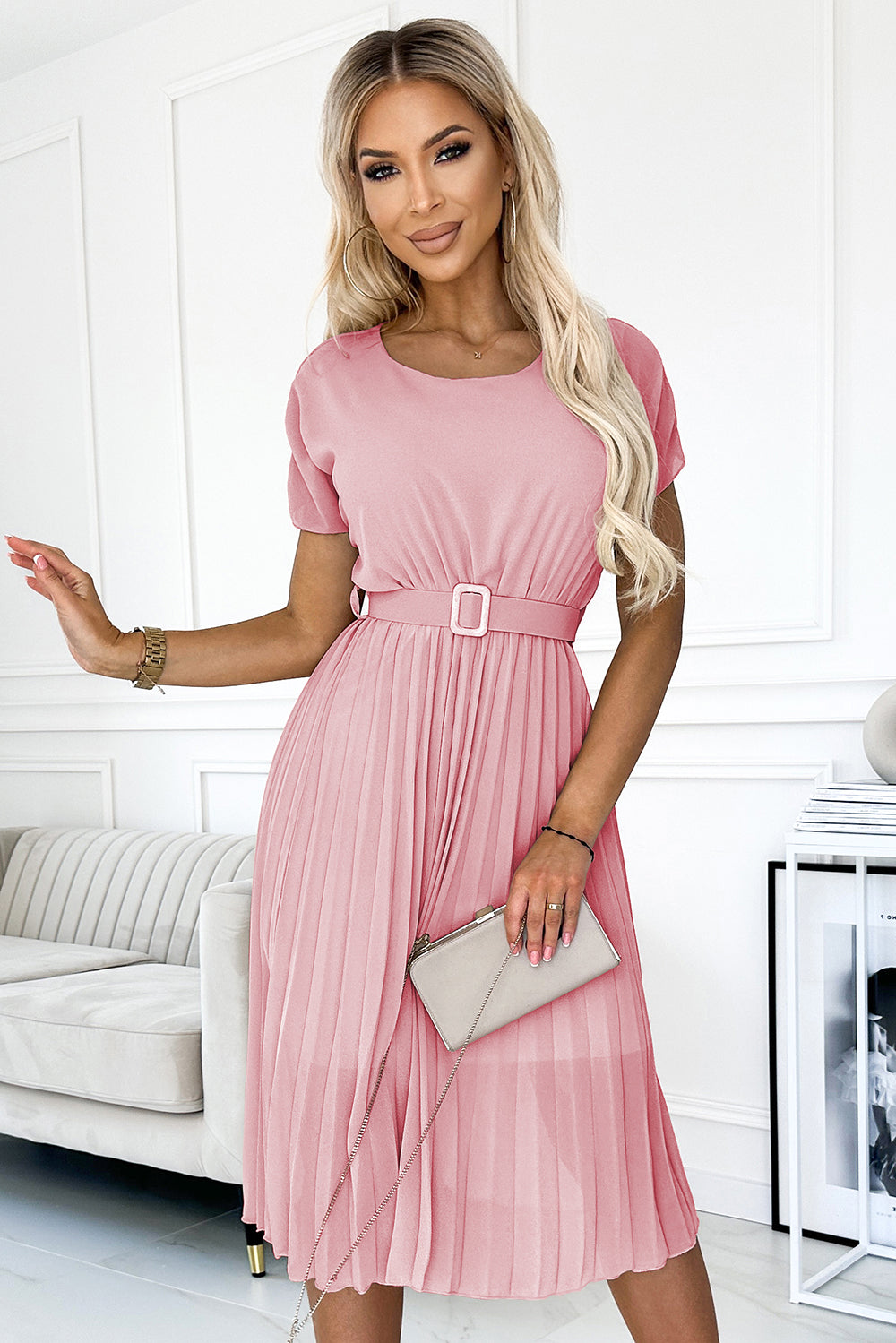 Numoco Basic 465-3 MIA Pleated midi dress with a wide belt - dirty pink-3