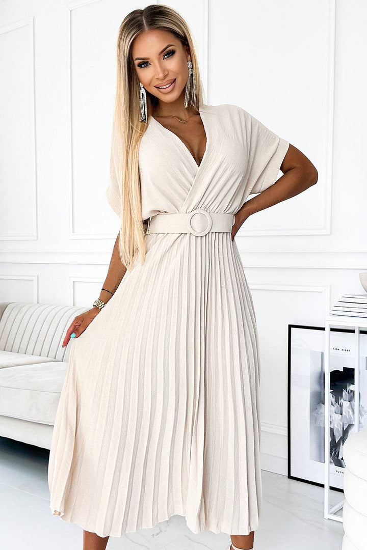 Numoco Basic 471-1 FELICIA Pleated midi dress with a neckline and a wide belt - beige-Shangri-La Fashion