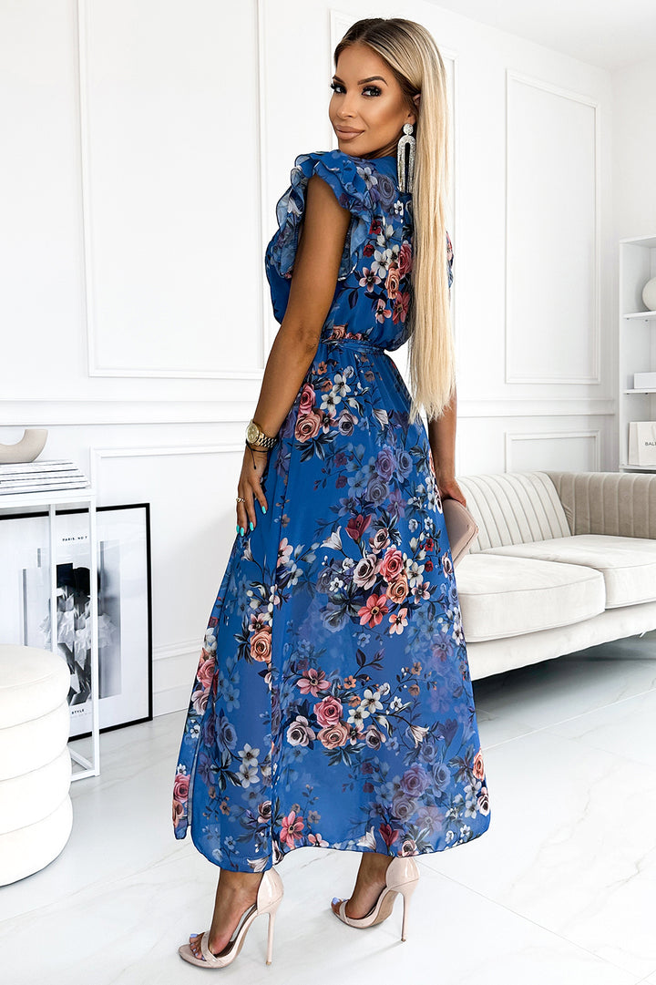 Numoco Basic 473-1 ARIA Long dress with a neckline and short sleeves - blue with flowers-2