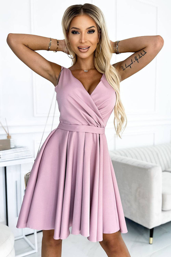 Numoco 478-2 MAYA Dress with longer back, neckline and belt - dirty pink