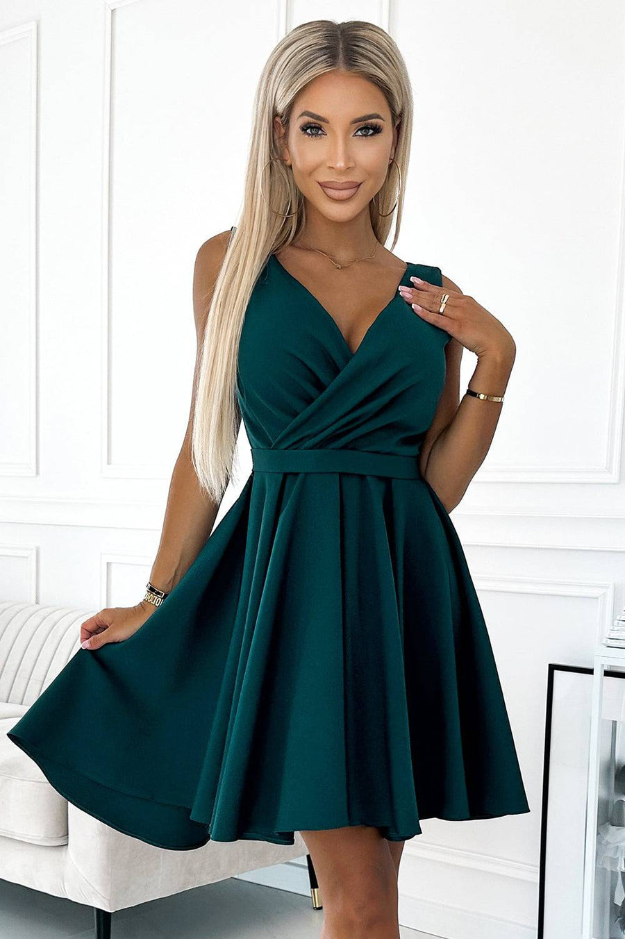 Numoco 478-3 MAYA Dress with longer back, neckline and belt - green-Shangri-La Fashion