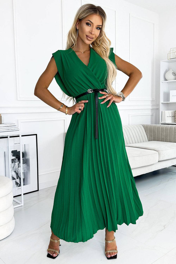 Numoco Basic 485-1 Pleated dress with frills, neckline and black belt - green