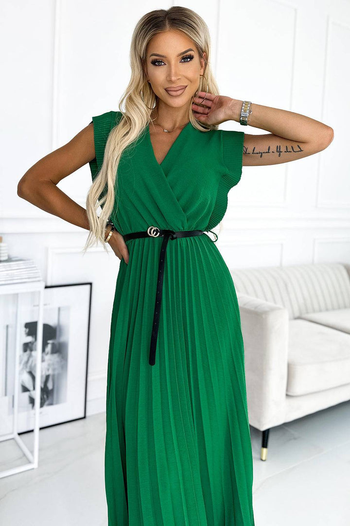 Numoco Basic 485-1 Pleated dress with frills, neckline and black belt - green