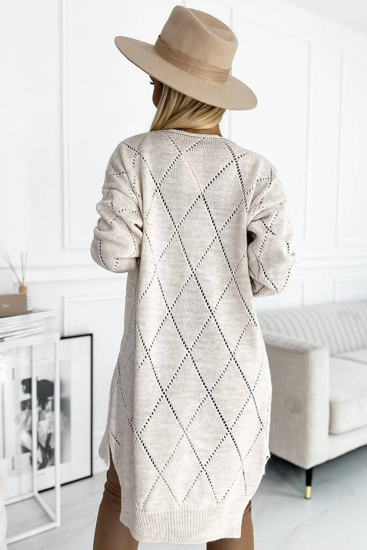 Numoco Basic 486-2 Cardigan - sweater cape with a longer back in openwork diamonds - Beige-Shangri-La Fashion