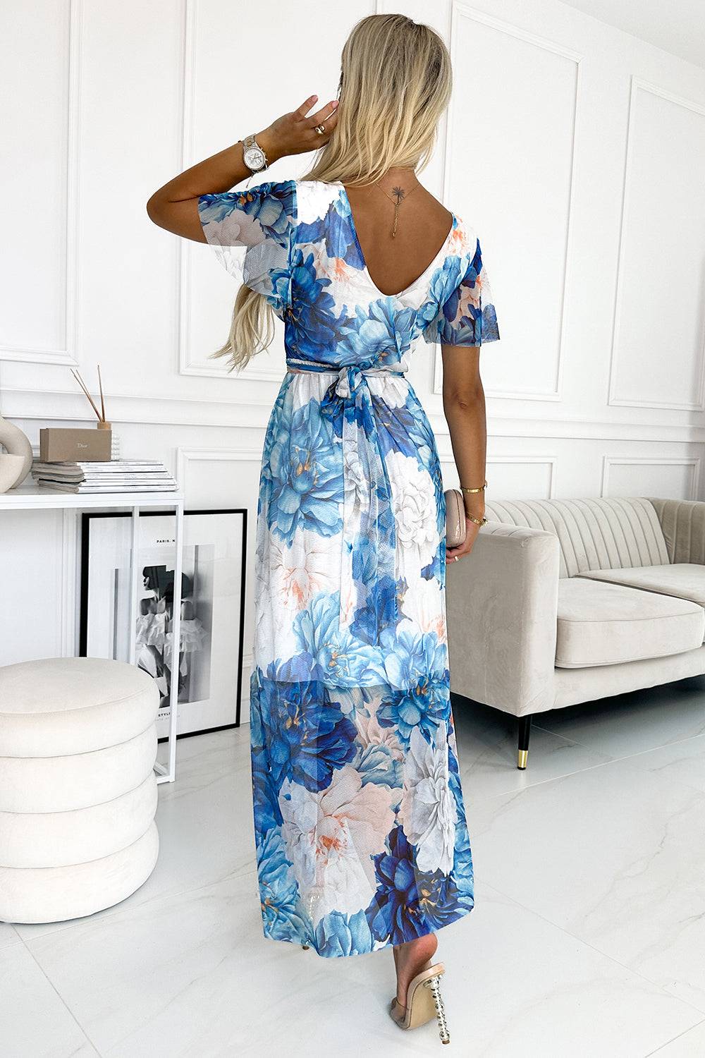 Numoco Basic 489-2 CINZIA Dress with a neckline, long waist tie and short sleeves - blue large flowers - mesh-Shangri-La Fashion