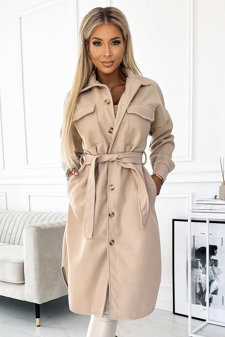 Numoco Basic 493-1 Warm coat with pockets, buttons and tie at the waist - beige-Shangri-La Fashion