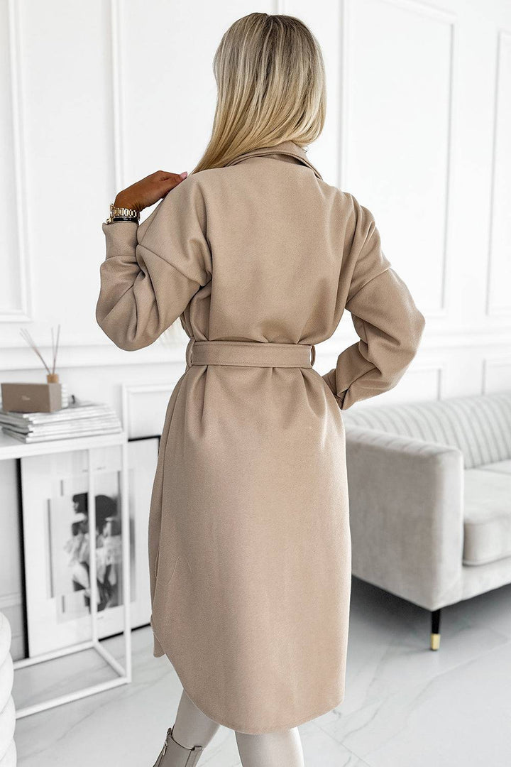 Numoco Basic 493-1 Warm coat with pockets, buttons and tie at the waist - beige-Shangri-La Fashion