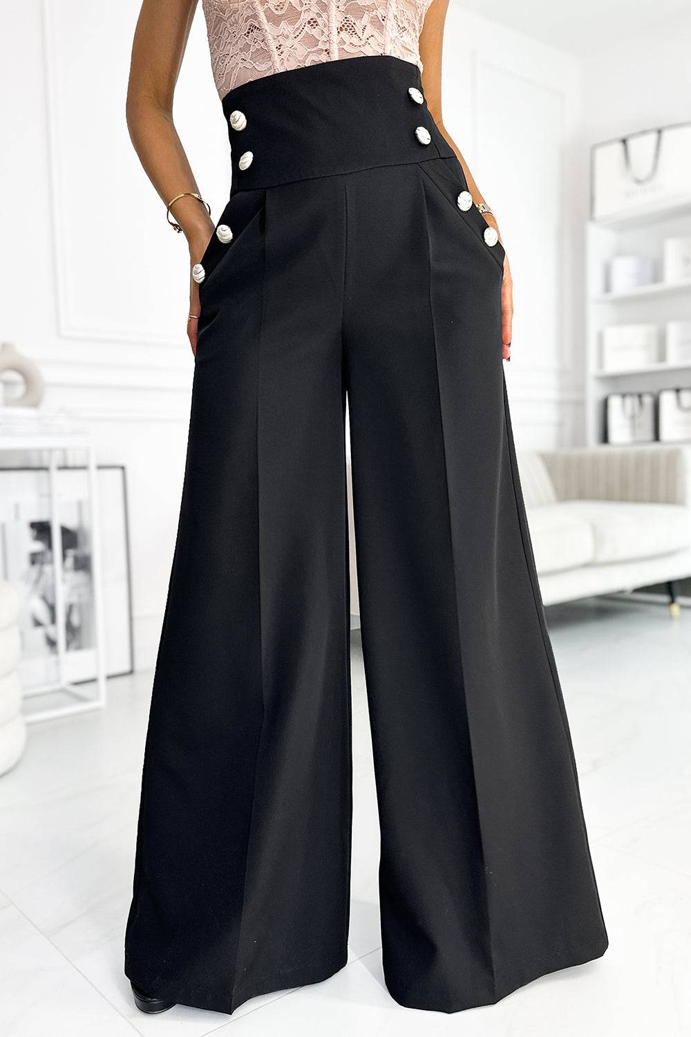 Numoco 496-1 Elegant wide pants with high waist and golden buttons - black