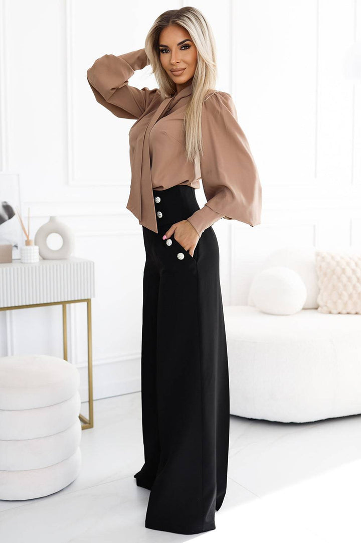 Numoco 496-2 Elegant wide pants with high waist and golden buttons - black