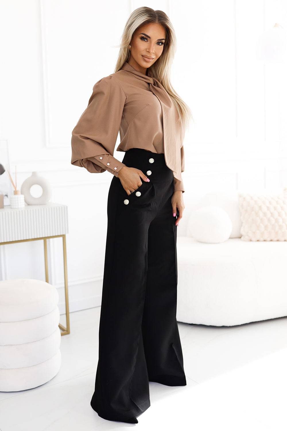 Numoco 496-2 Elegant wide pants with high waist and golden buttons - black