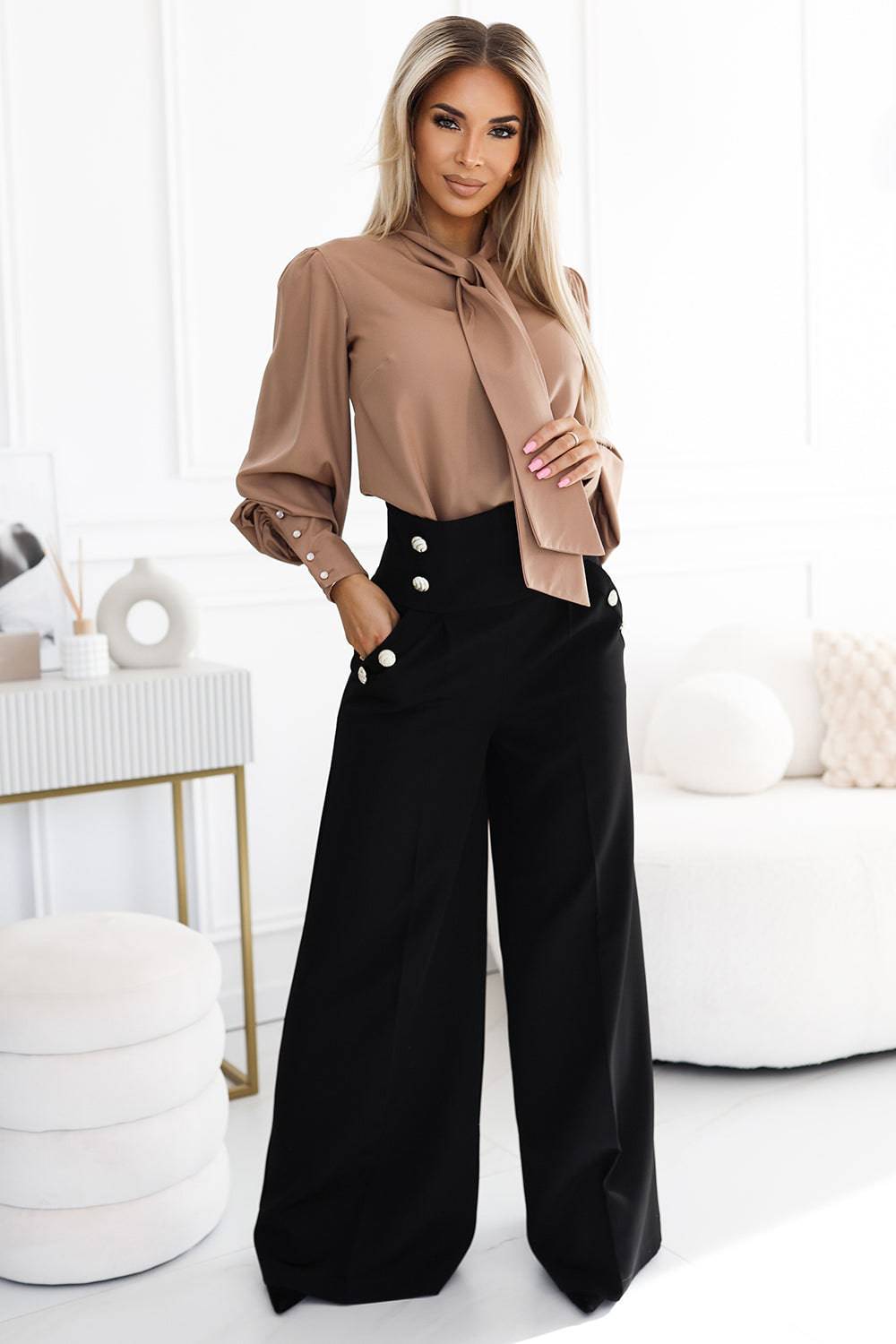 Numoco 496-2 Elegant wide pants with high waist and golden buttons - black