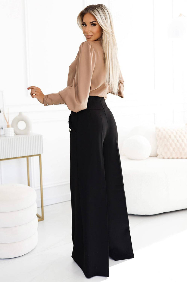 Numoco 496-2 Elegant wide pants with high waist and golden buttons - black