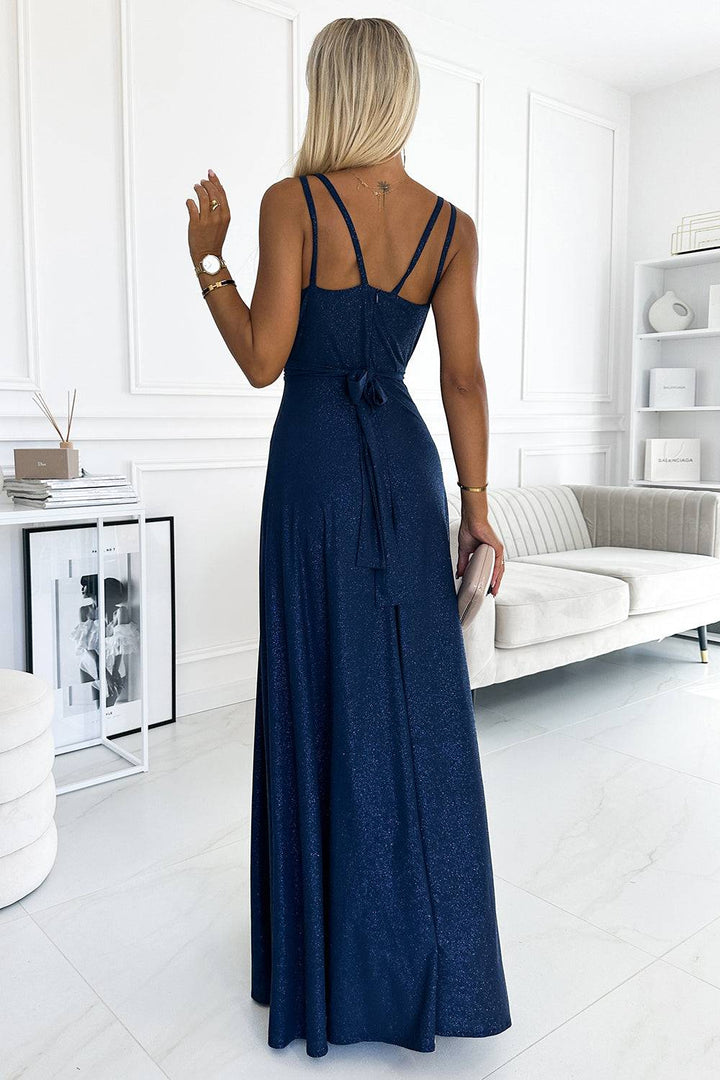 Numoco 498-1 Long dress with a neckline and double straps - navy blue with glitter