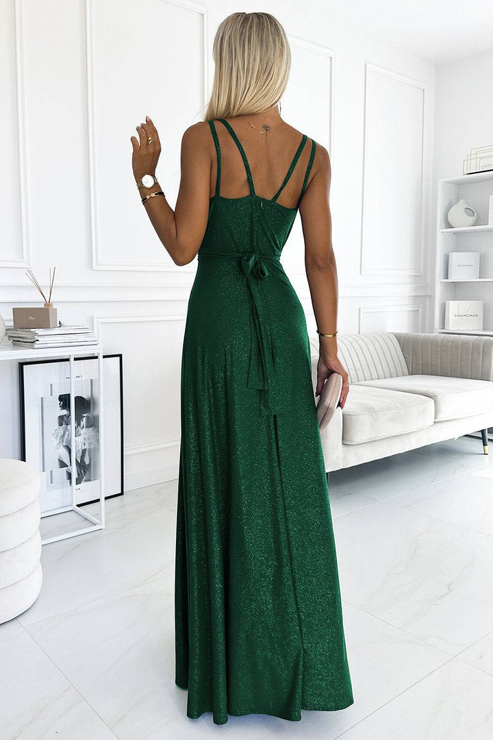 Numoco 498-2 Long dress with a neckline and double straps - green with glitter