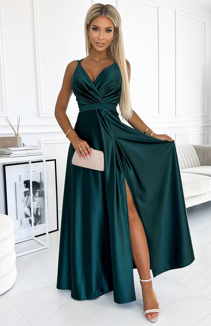 Numoco 498-3 Long satin dress with a neckline and double straps - green