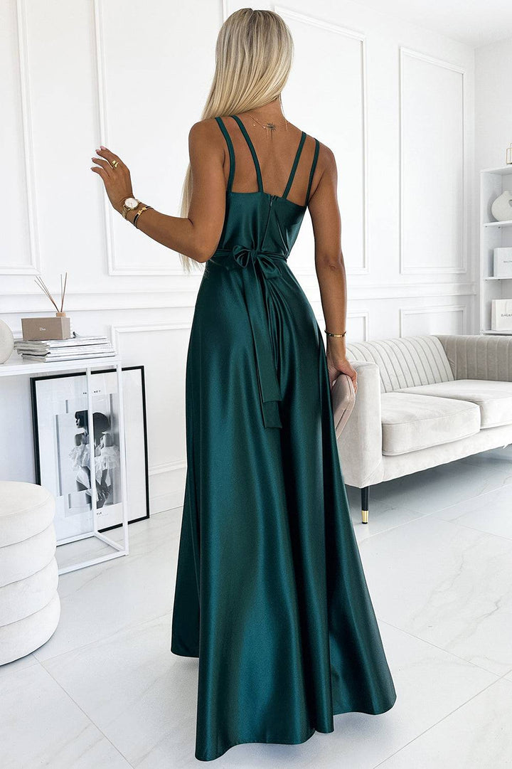 Numoco 498-3 Long satin dress with a neckline and double straps - green