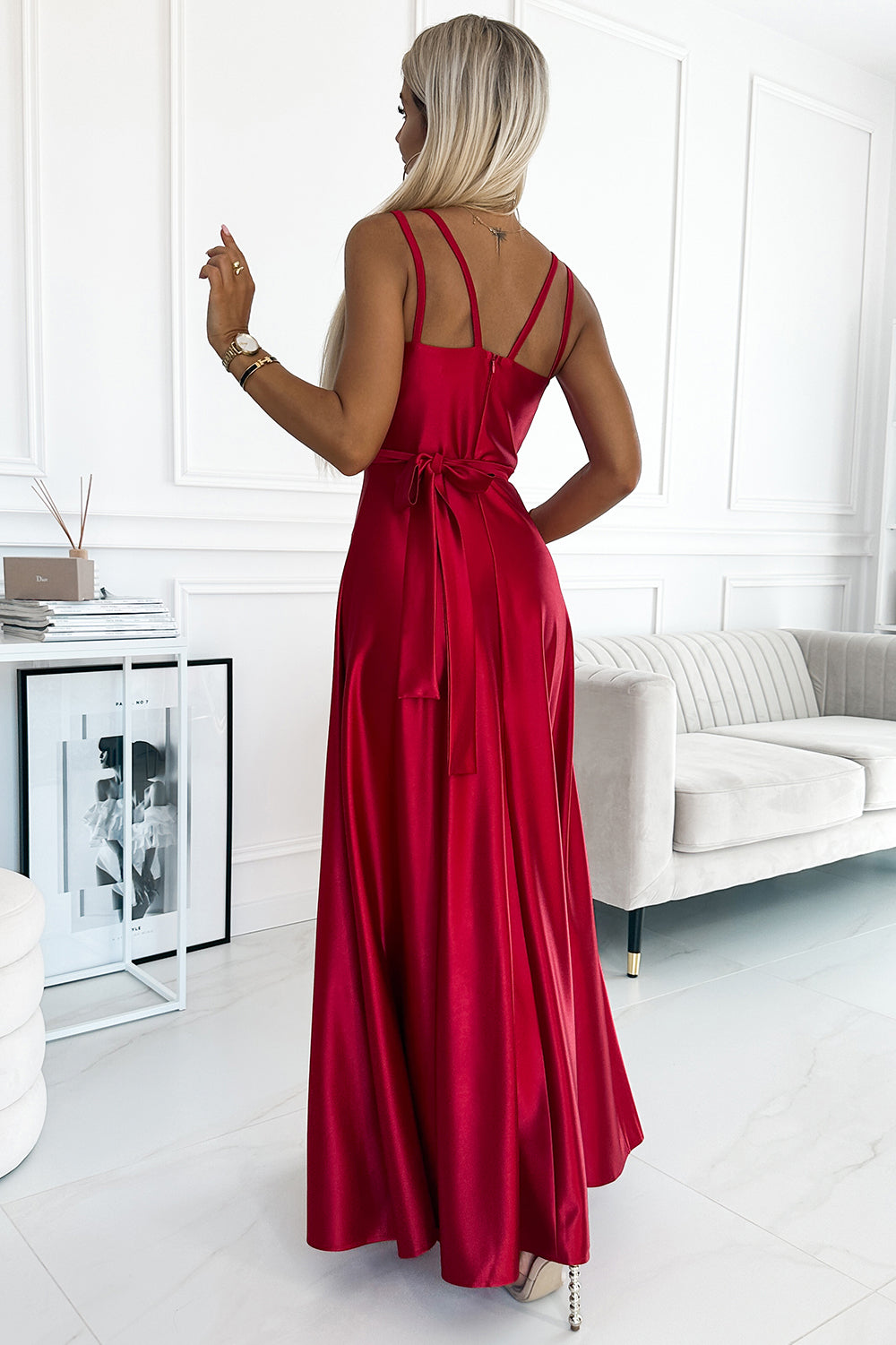 Numoco 498-4 Long satin dress with a neckline and double straps - red-2