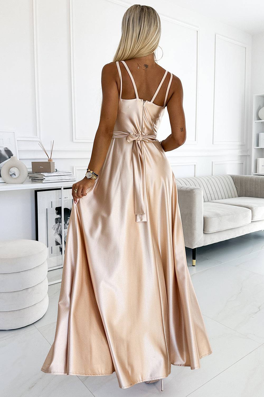 Numoco 498-5 Long satin dress with a neckline and double straps - golden