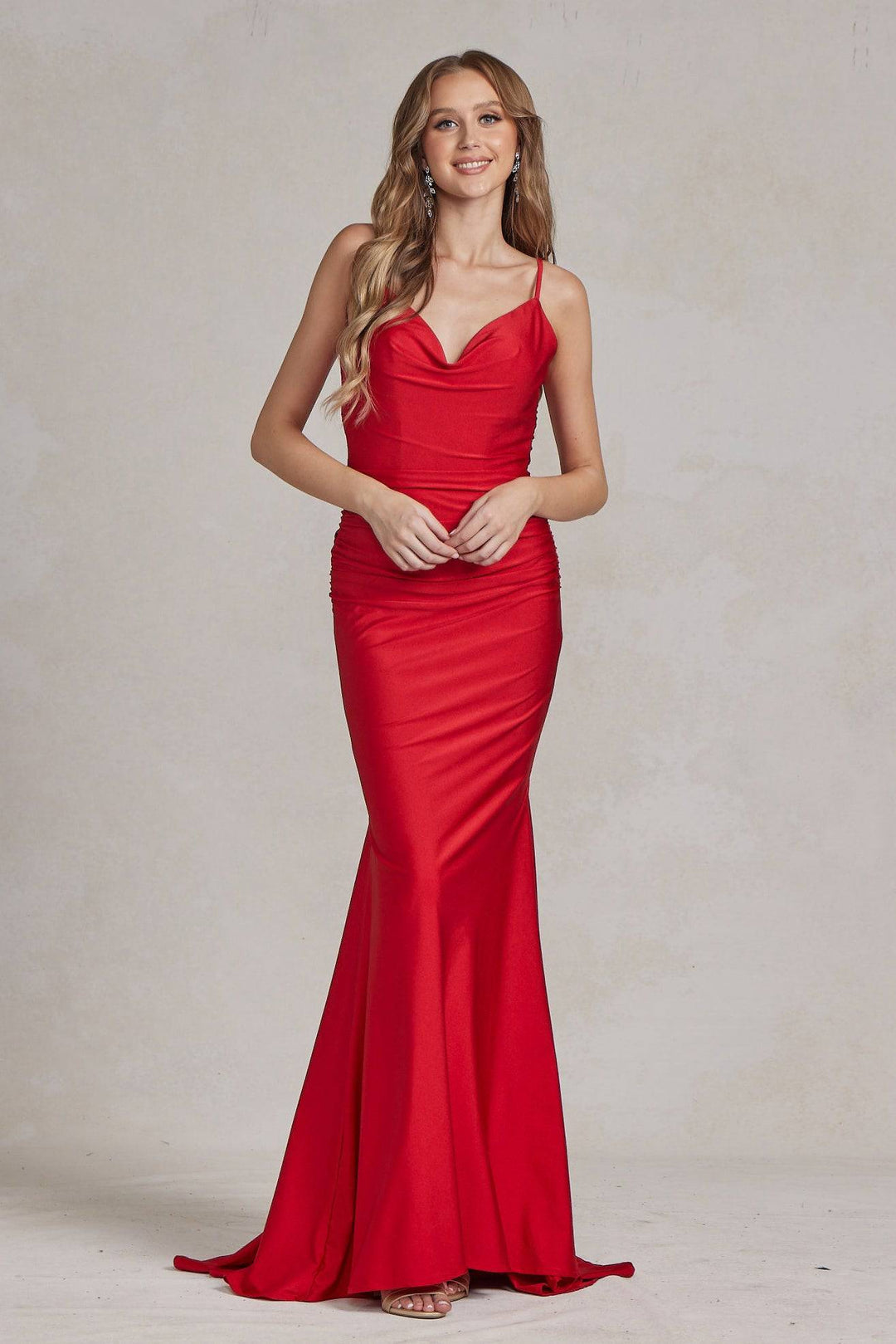 Cowl Neck Low Back Mermaid Open V-Back Long Evening Dress NXK490