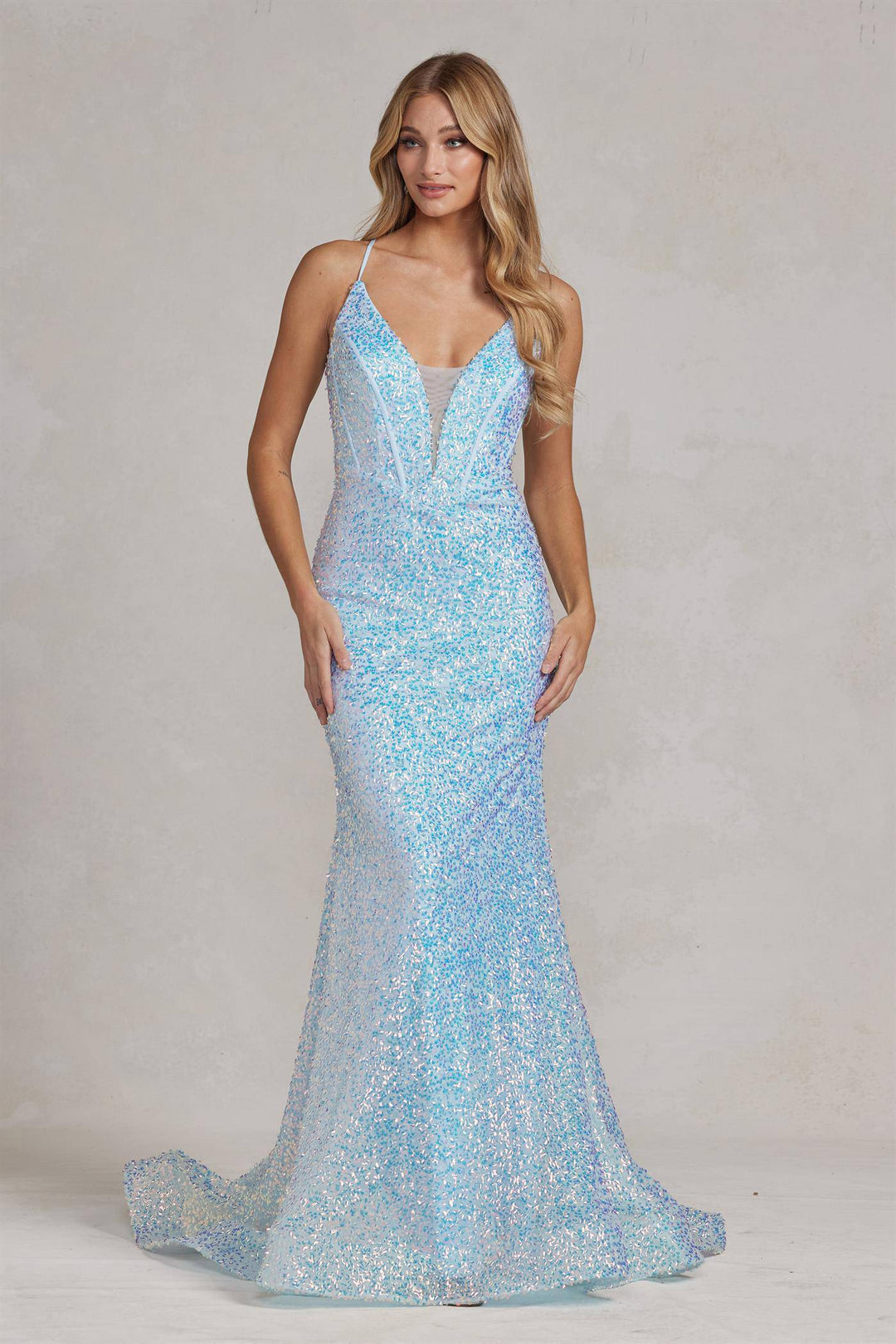 Embroidered Sequins Illusion V-Neck Open Back Mermaid Long Evening Dress NXC1094