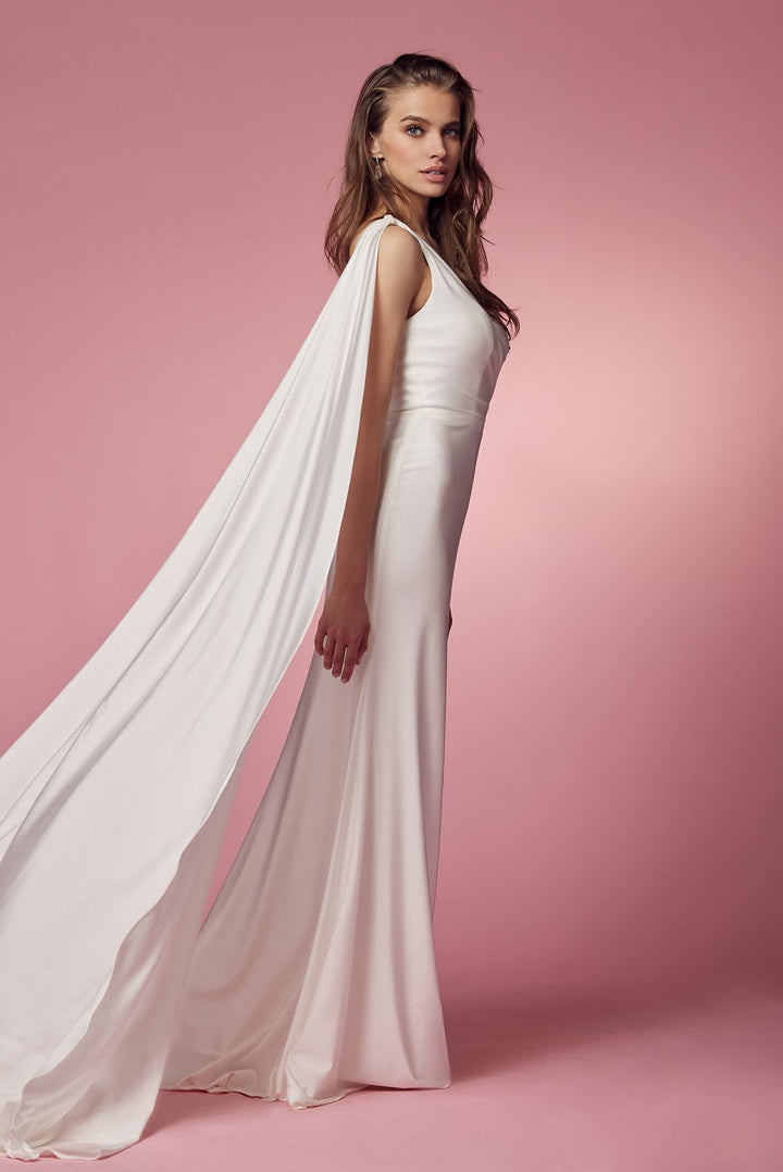 One Shoulder Drape Sleeve Mermaid Long Wedding Dress NXE475W