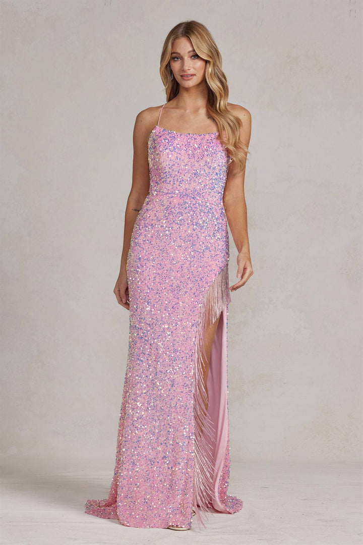 Embroidered Lace Spaghetti Straps Deep Side Slit Long Evening Dress NXT1209