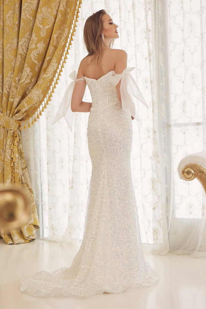 Embroidered Sequins Off Shoulder Long Wedding Dress NXC1095