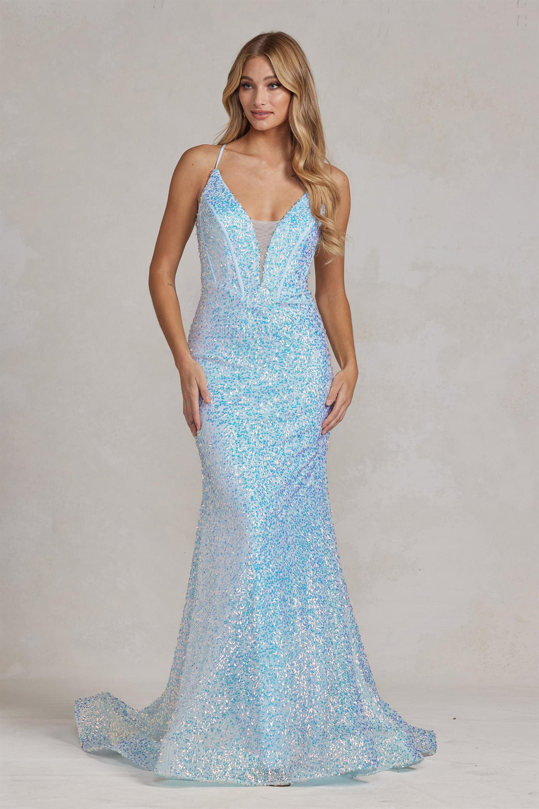 Embroidered Sequins Illusion V-Neck Open Back Mermaid Long Evening Dress NXC1094-3