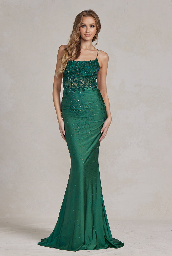 Mermaid Satin Embroidered Lace Square Neck Long Prom Dress NXE1186-3