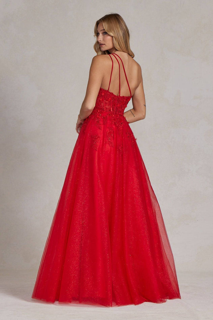 A-Line Embroidered Bodice Halter Open Back Long Prom Dress NXT1143