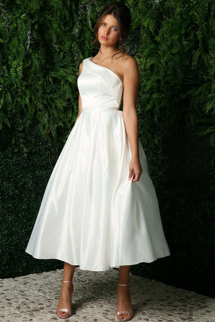 Open Back Strap Satin One Shoulder Midi Wedding Dress NXJE931W Sale-3