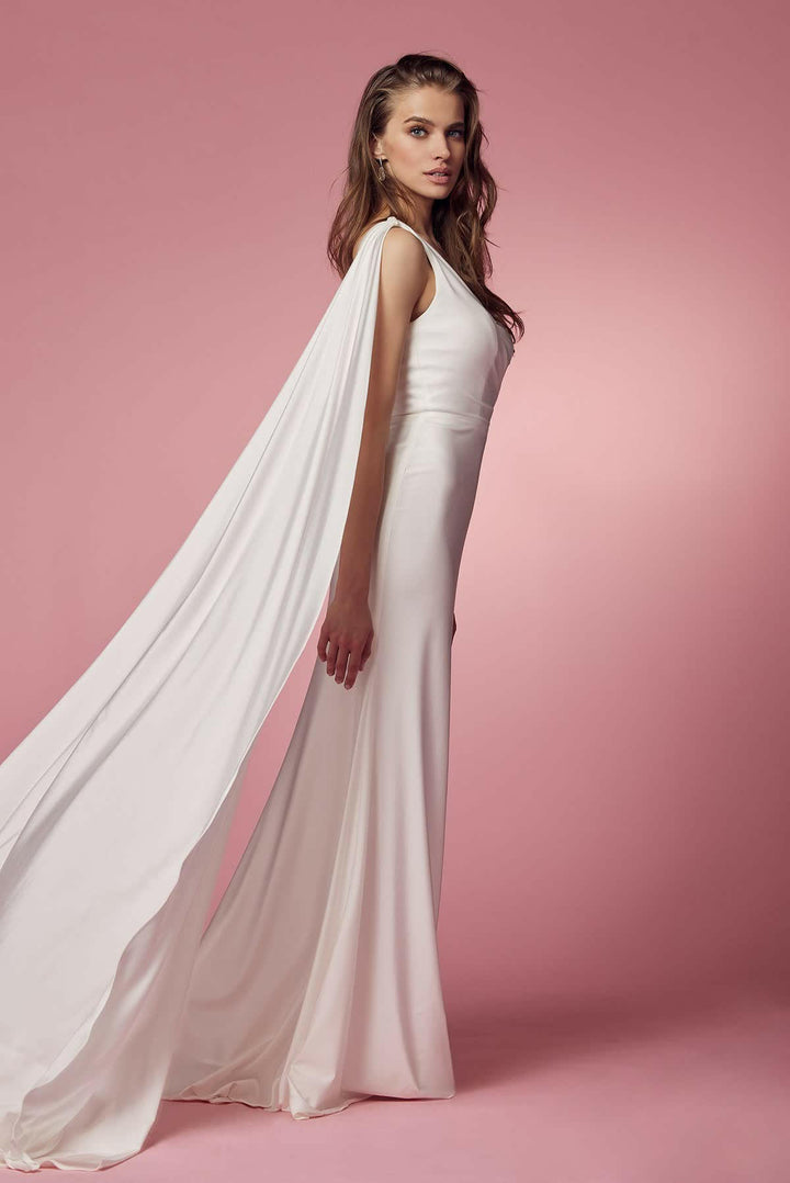 One Shoulder Drape Sleeve Mermaid Long Wedding Dress NXE475W-3