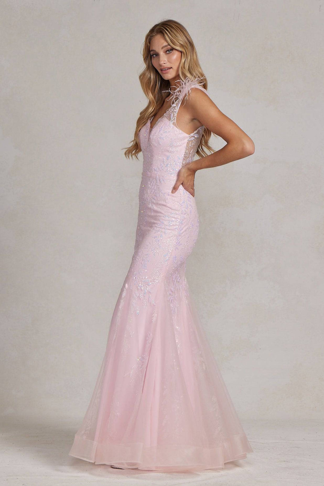 Illusion Sweetheart Straps Mermaid Feather Embellished Long Prom Dress NXT1208