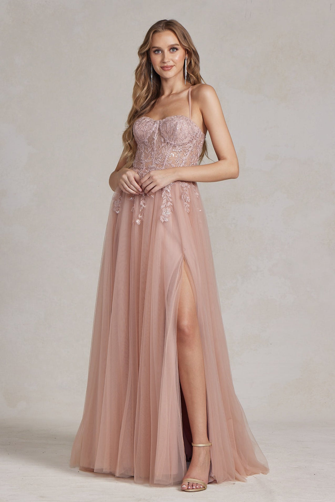 Embroidered Bodice Side Slit Tulle Skirt Long Prom Dress NXJ1089-3