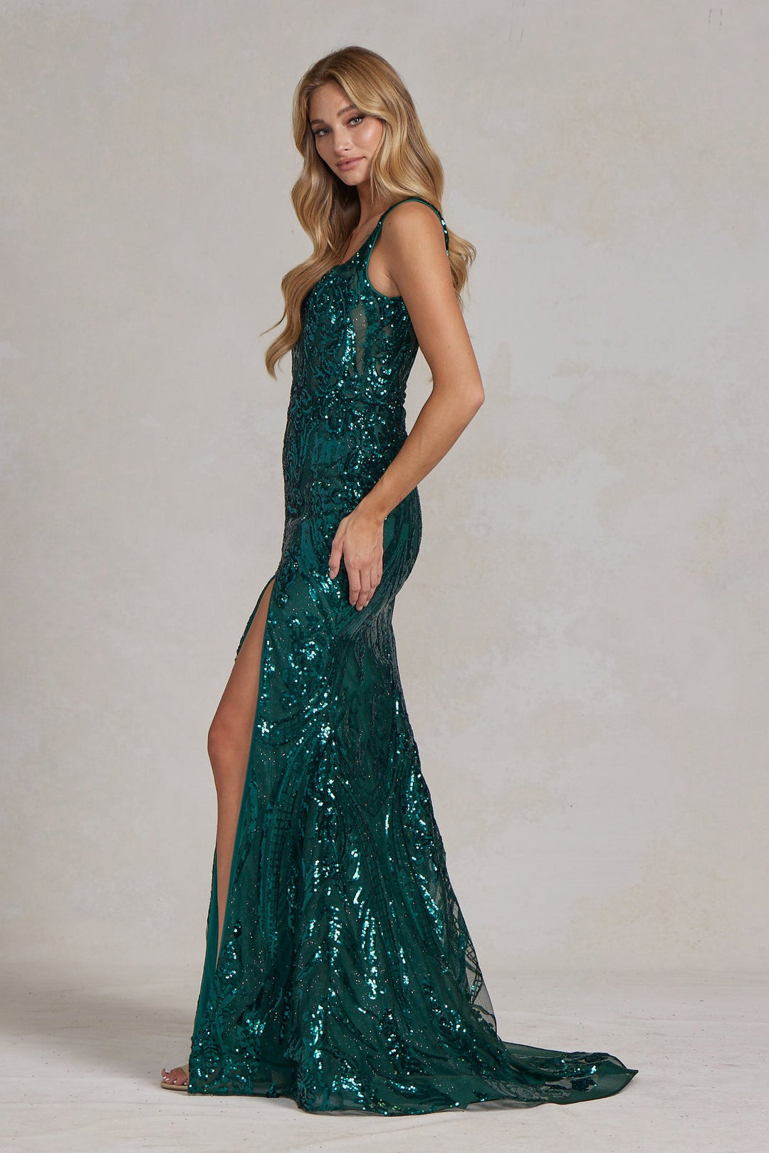 Embroidered Sequins Square Neck Side Slit Long Prom Dress NXC1103-3