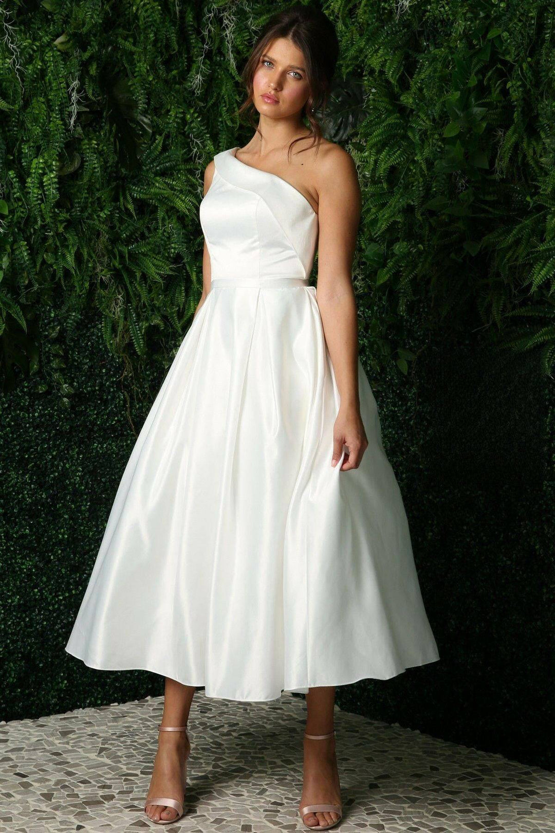 Open Back Strap Satin One Shoulder Midi Wedding Dress NXJE931W Sale-Shangri-La Fashion