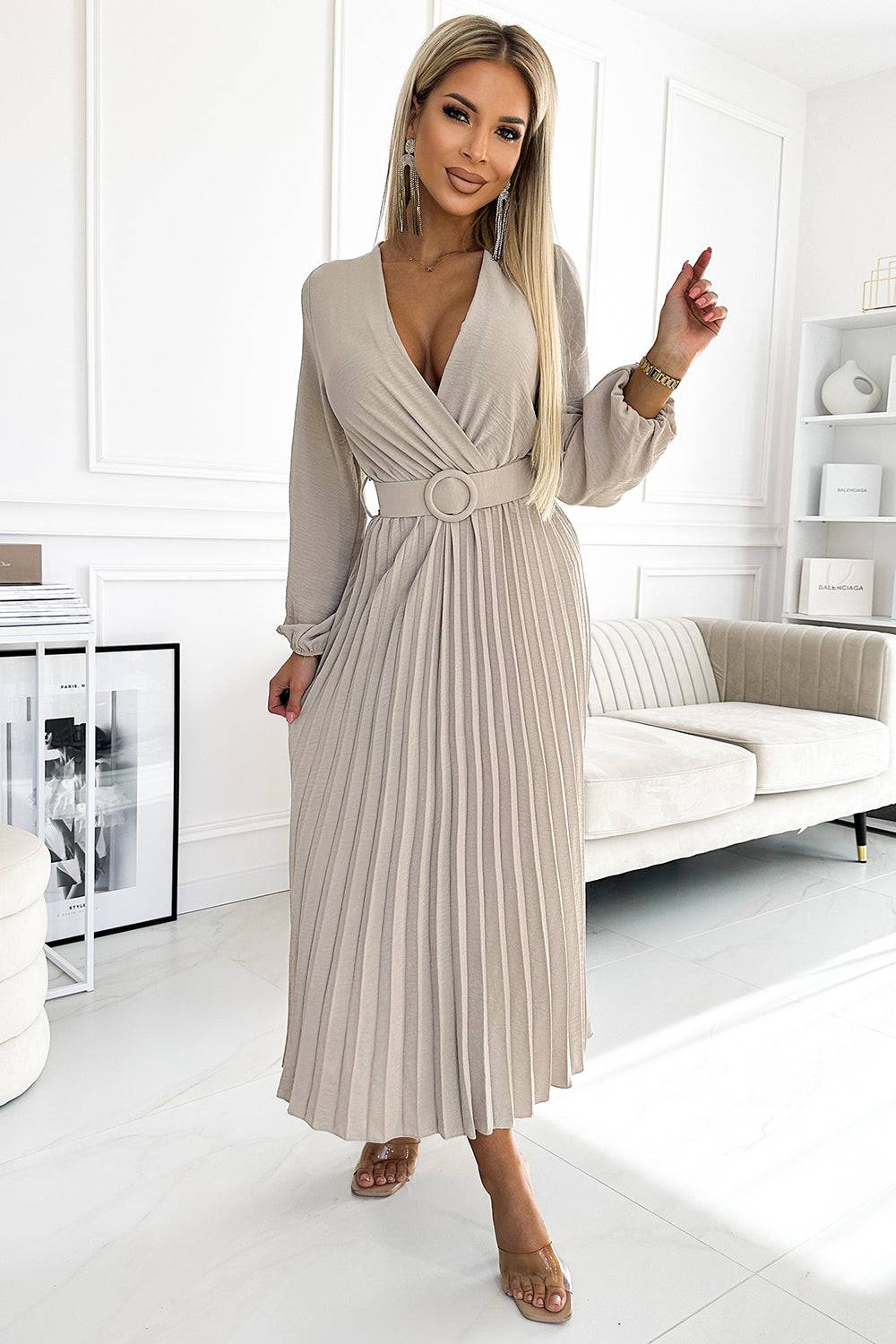 Numoco Basic 504-2 VIVIANA Pleated midi dress with a neckline, long sleeves and a wide belt - beige colour-Shangri-La Fashion