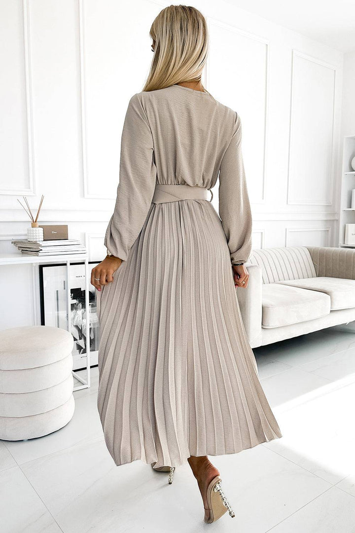 Numoco Basic 504-2 VIVIANA Pleated midi dress with a neckline, long sleeves and a wide belt - beige colour-Shangri-La Fashion